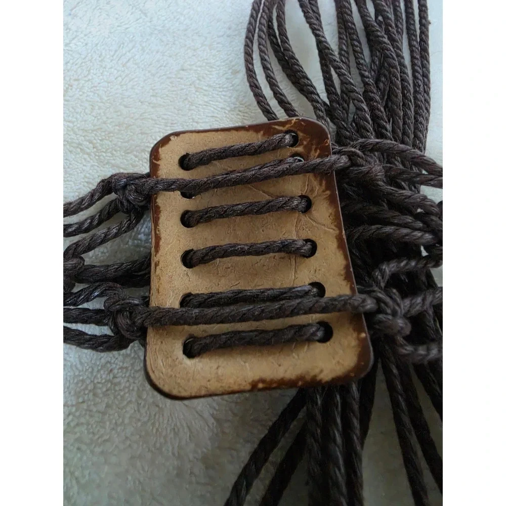 Vintage Boho Macrame Braided Cord Belt Brown Wood Beads Coconut Shell Tassel Tie